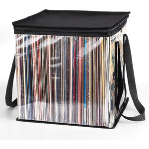 Facmogu Vinyl Record Storage Bag, 12 Inches LP Albums Storage Case with Handle, Clear Organizer Bag Holds up to 50 LP Records Albums, Protective Vinyl Record Carrying Holder for Travel Collection