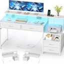 MUTUN 53" Computer Desk with 4 Drawers & Power Outlets, Reversible Home Office Desk with Monitor Stand & Printer Stand, Gaming Desk with Led Lights, Study Writing Work Desk Table for Bedroom (White)