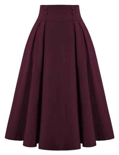 Belle Poque Women's Skirts High Waist Pleated Skirt Midi A-Line Skirt, Dark Magenta, XL
