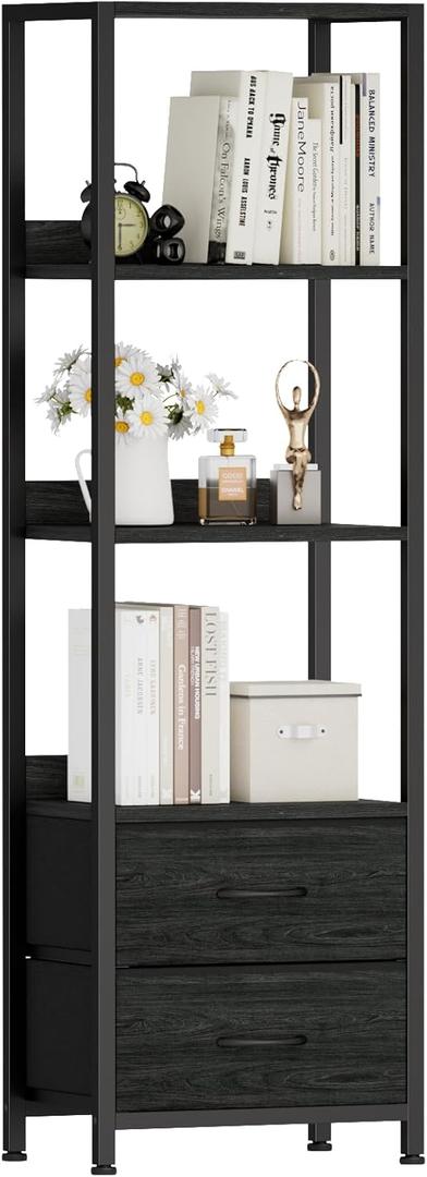 Furnulem 4-Tier Corner Shelf, Bookshelf with 2 Storage Drawers, 57.28Tall Narrow Bookcase, Standing Shelf Organizer Unit for Living Room, Bedroom, Metal Frame, Wood Display Shelf (Black Oak)