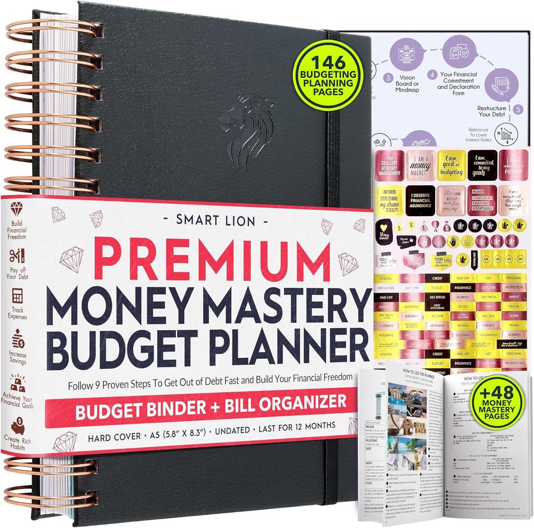 Budget Planner and Monthly Bill Organizer + Cash Envelope Buget Sytem | Finance Planner, Bill Payment Tracker & Money Saving with Productivity App | Money Mindset for Attracting Financial Abundance (A5, Black-lion)