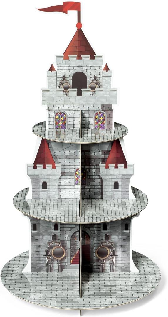 Medieval Knight Cupcake Stand 3 Tiers Castle Birthday Party Cardboard Cupcake Holder Decorations Knight Dessert Tower Party Supplies for Kids Birthday Baby Shower Gender Reveal Decoration