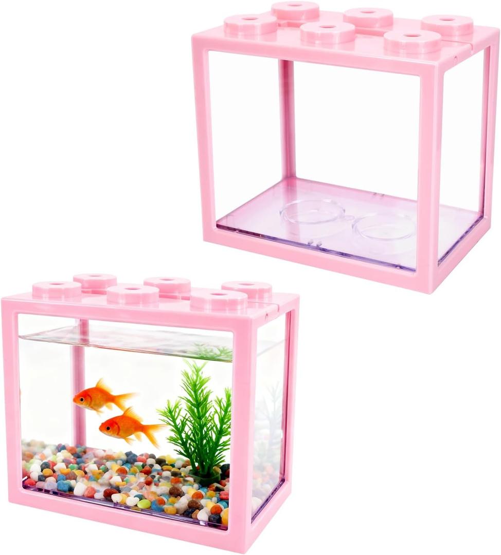 2 PCS Small Betta Fish Tank, 0.6 Gallon Mini Aquarium Tank, Pink Cube Fish Bowl, Desktop Stackable Tank for Small Fish, Insect, Shrimp, Turtle, Spider