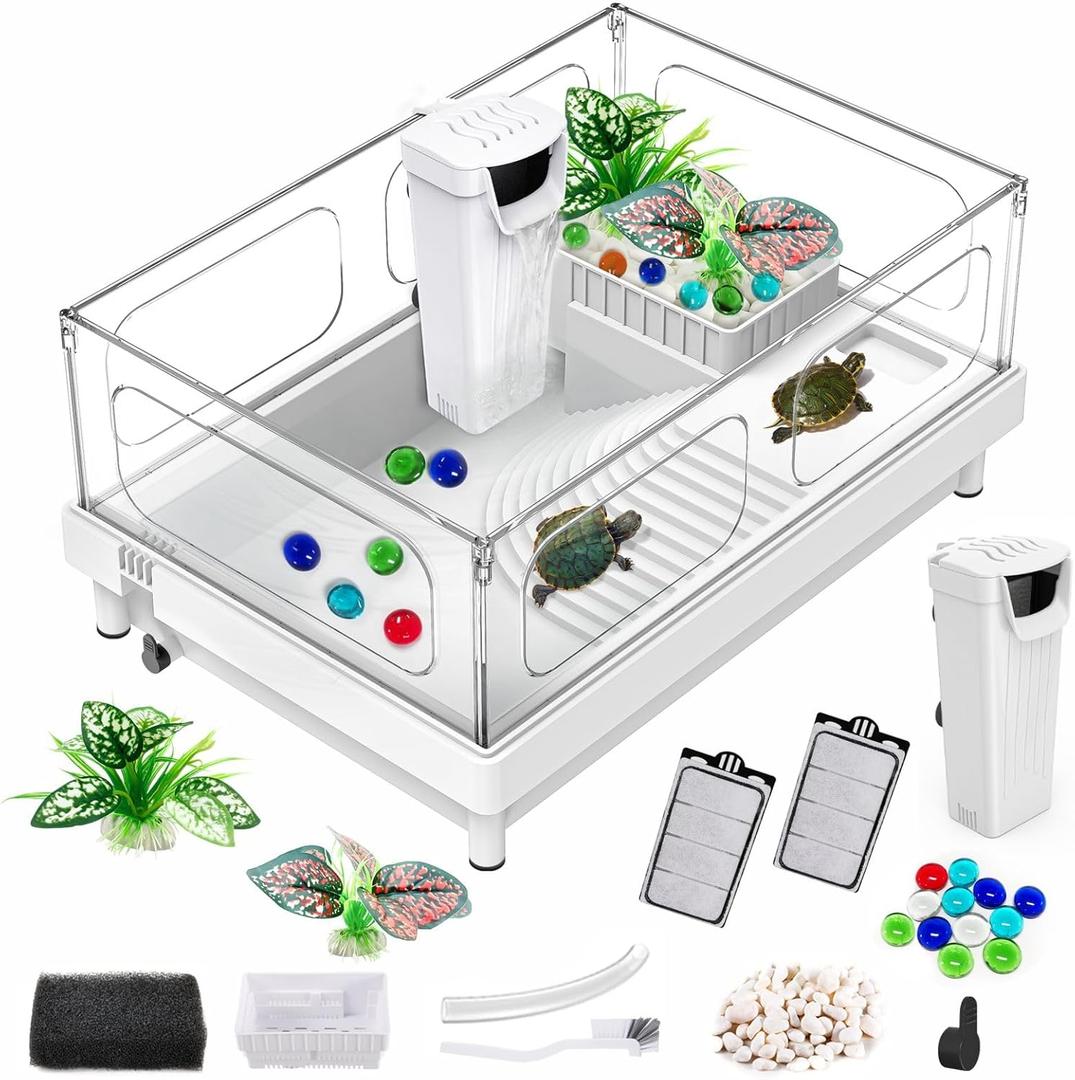 GOZILLA Small Turtle Tank with Filter, Acrylic Aquarium Turtle Tank Starter Kit with Multi-Functional Areas for Tortoise, Crabs, Crayfish, Small Reptiles. (White+Filter)