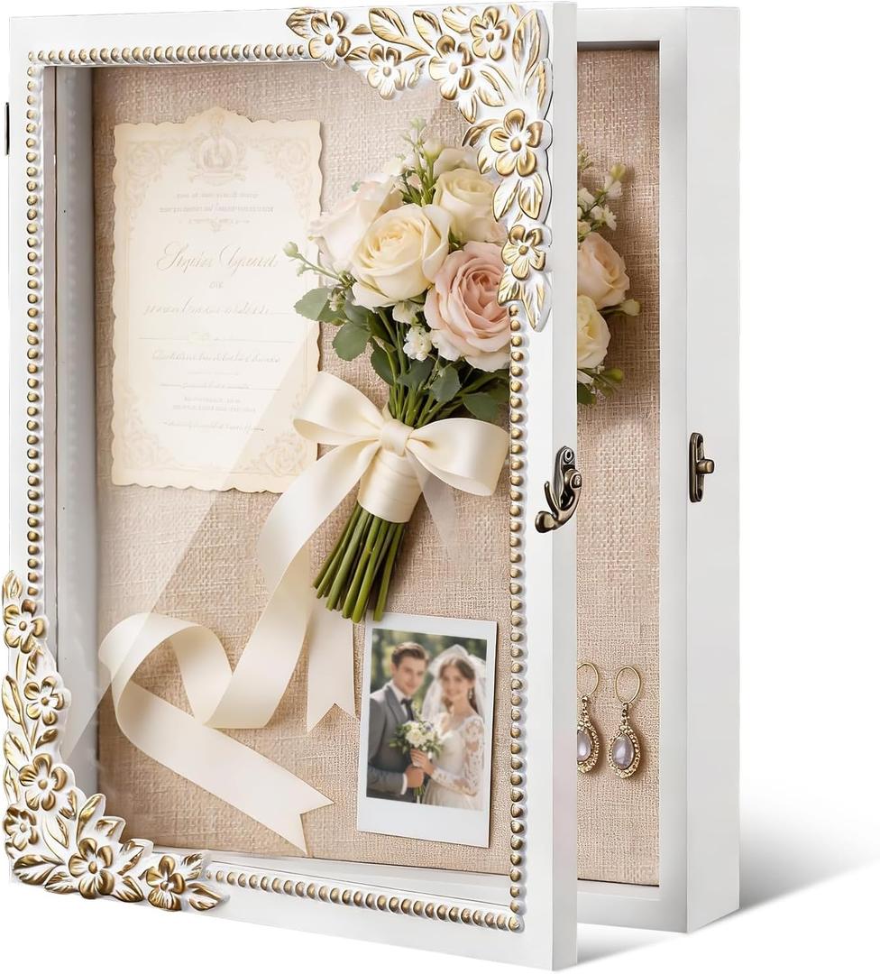 11x14 Shadow Box Frame - Vintage Gold & White Wood Display Case with Metal Latch & Real Glass - Large Memory Box Shadowbox for Wedding, Graduation, DIY - Pet Memorial & Loved One Remembrance
