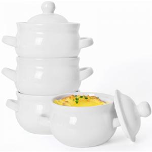 French Onion Soup Bowls with Handles and Lids, 16 oz Ceramic Soup Crocks Oven Safe for Chilli, Cereal, Pot Pies, Microwave & Dishwasher Safe, Set of 4, White