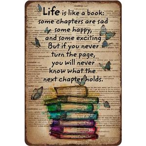 Mocozim Retro Metal Tin Sign Life is Like A Book Poster Reading Decor Vintage Wall for Living Room Office Classroom Library Cafe Courtyard Decoration 8x12 Inch