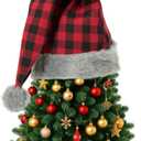 Gejoy 30'' x 16'' Christmas Tree Topper Hat Large Plush Red Black Striped Plaid Santa Hat Christmas Tree Ornaments for Winter Xmas Holidays Party Decorations(Red and Black Plaid,Cotton)