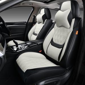Car Seat Covers Front Pair, Breathable Leather Automotive Front Seat Covers with Headrest, Universal Automotive Vehicle Seat Cover for Most Sedan SUV Pick-up Trucks, Black&Beige