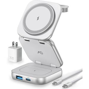 Wireless Charger for Magsafe, AC Island 5-in-1 Evolved Charging Stand, 15W Max Fast Portable Magnetic Station, Foldable for iPhone 15/14/13 Series, Apple Watch S1-9/Ultra, AirPods (with 35W Adapter)