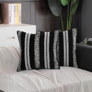 Boho Pillow Covers Set of 2 for Couch -Modern farmhouse Sofa Decorative Throw Pillow Covers Textured Chenille Cushion Covers Outdoor Neutral Pillow Cases. (Black, 18x18)