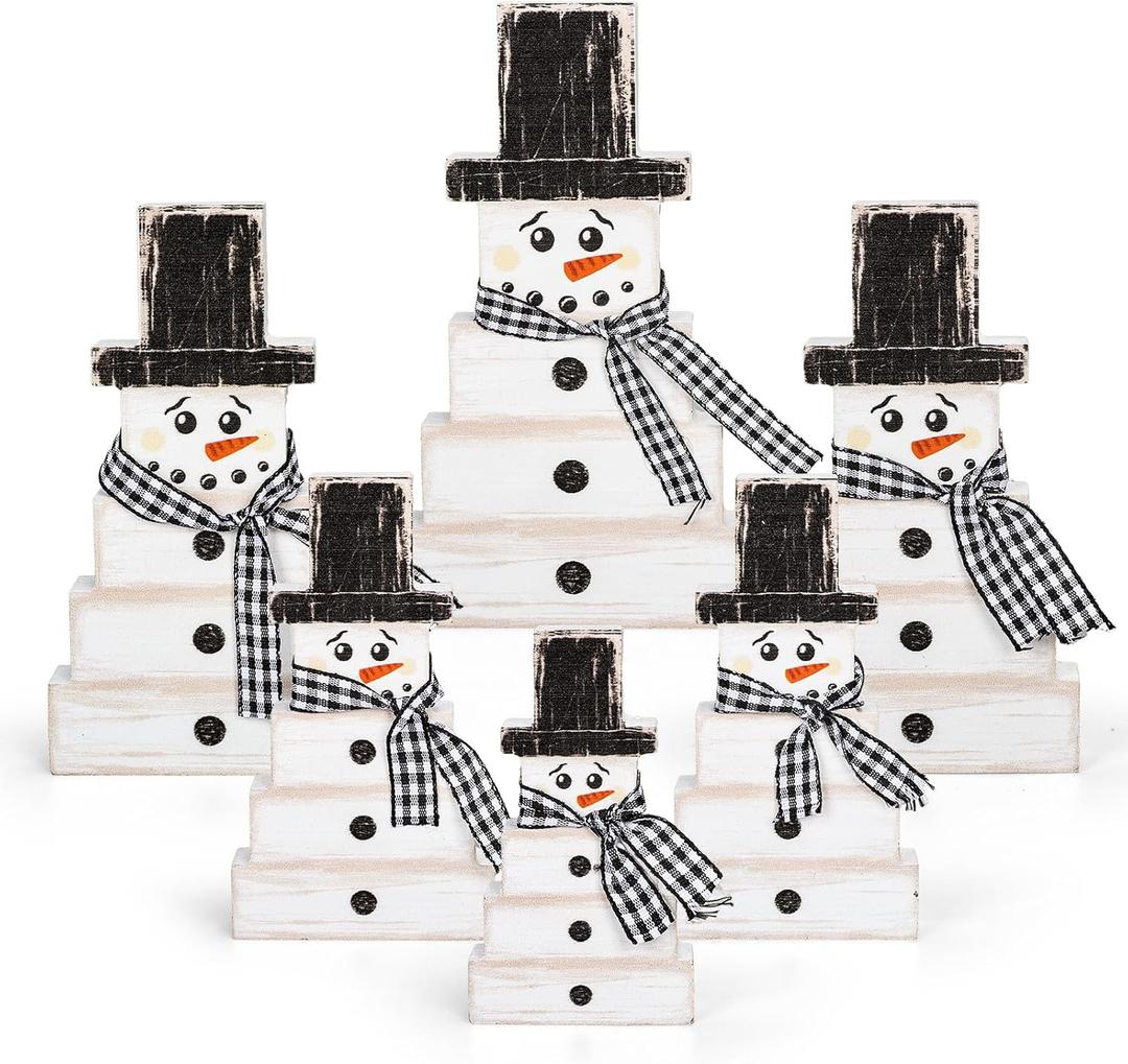 6Pcs Retro Winter Snowman Wooden Decoration Christmas Black White Table Centerpiece with Plaid Ribbon Xmas Rustic Farmhouse Tired Tray Blocks for Home Mantel Fireplace Tabletop