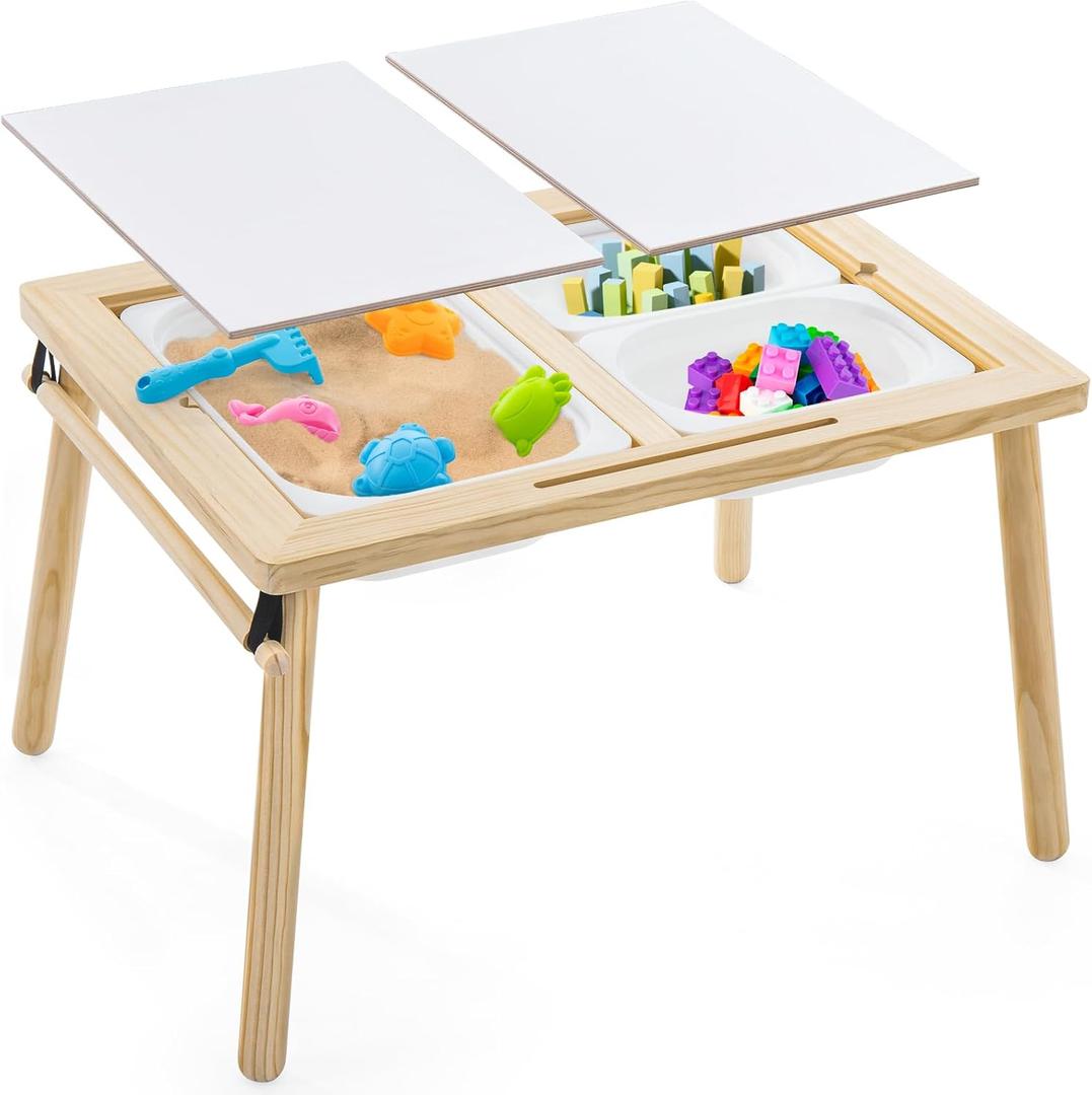 Sensory Tables for Toddlers,Kids Table with 3 Storage Bins, Activity Table with 7 Sand Toys, Indoor/Outdoor Play Sand Table, Gifts for Boys and Girls (Natural Wood)