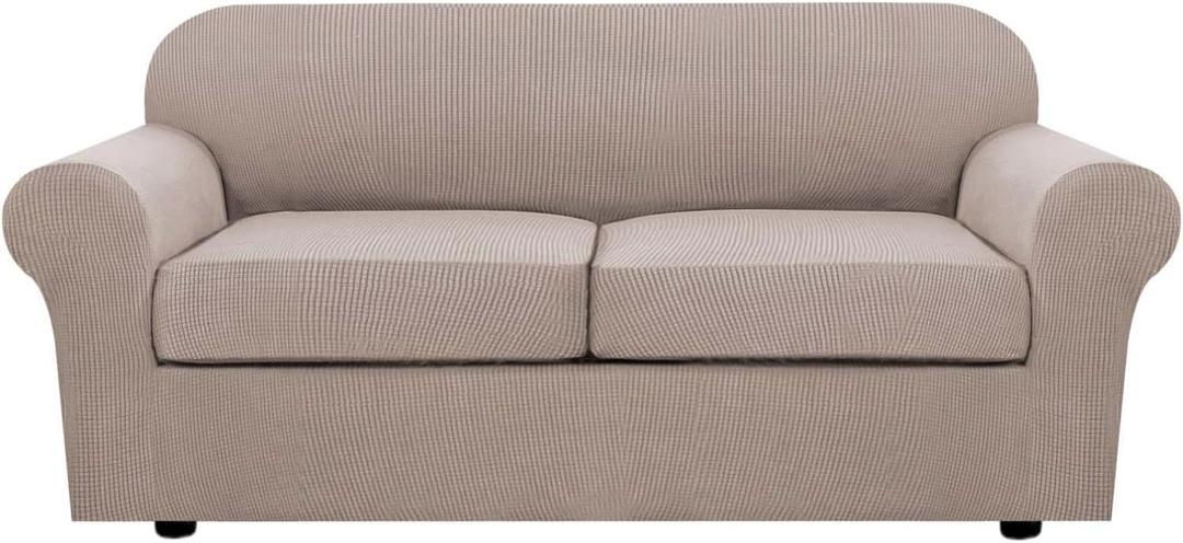 H.VERSAILTEX 3 Piece Stretch Sofa Covers for 2 Cushion Sofa Couch Covers for Living Room Furniture Cover (Base Cover Plus 2 Seat Cushion Covers) Thicker Jacquard Fabric(Large Sofa, Sand) (Medium-XL)