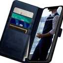 DuckSky for iPhone 15 Pro 6.1" Genuine Leather Wallet case RFID Blocking4 Credit Card HolderReal Leather Flip Folio Book Phone case Protective Cover Women Men for Apple 15 Pro case Dark Blue