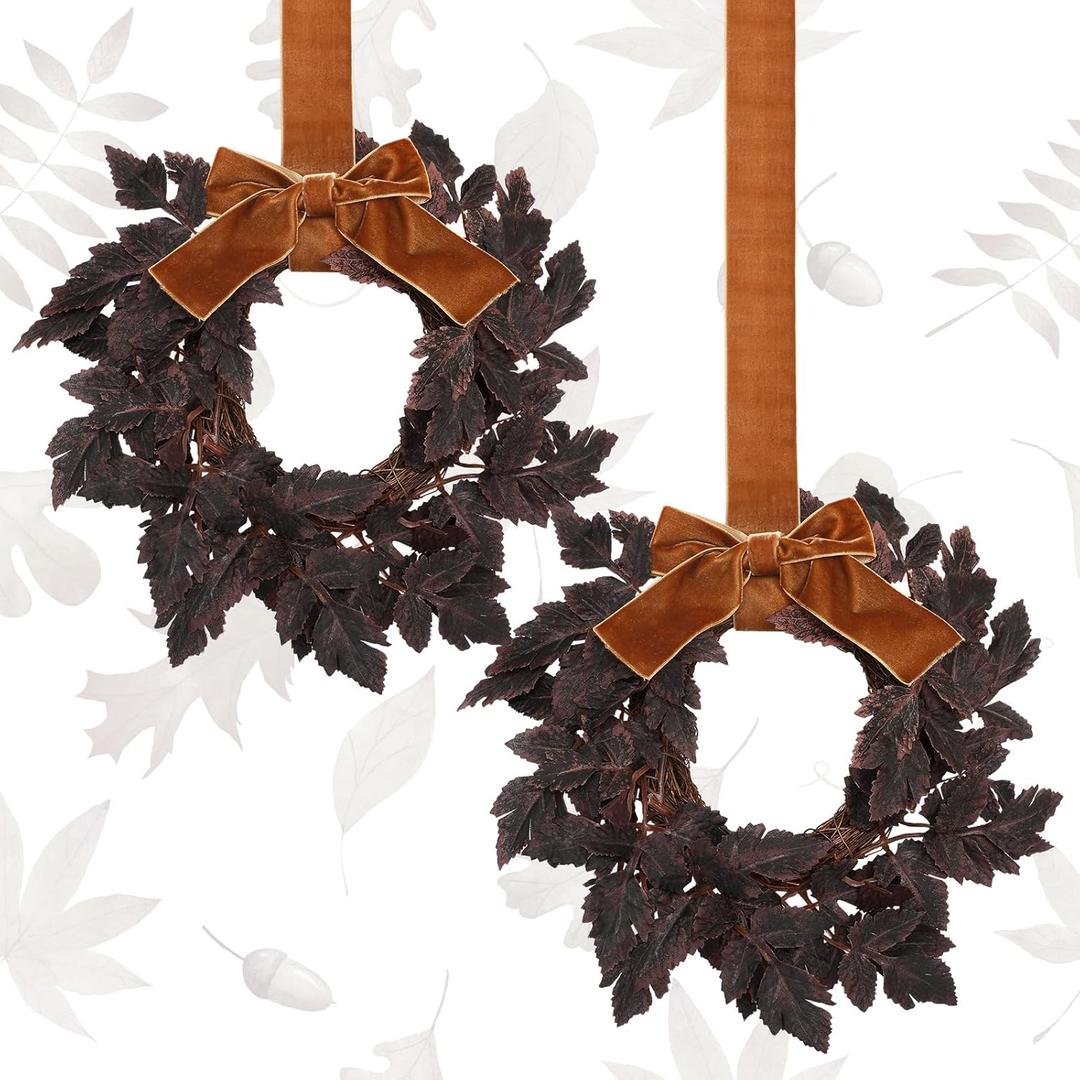 2 Pack Mini Fall Wreath Plum Cimicifuga Seeded Wreath Fake Ramosa Leaves Candle Holder for Fall Thanksgiving Cabinet Table Centerpieces Fireplace Front Door Home Decor