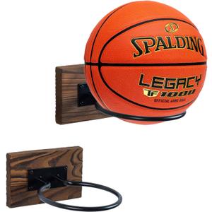 MyGift Wood & Metal Wall-Mounted Sports Ball Holder Storage, Brown (Set of 2)