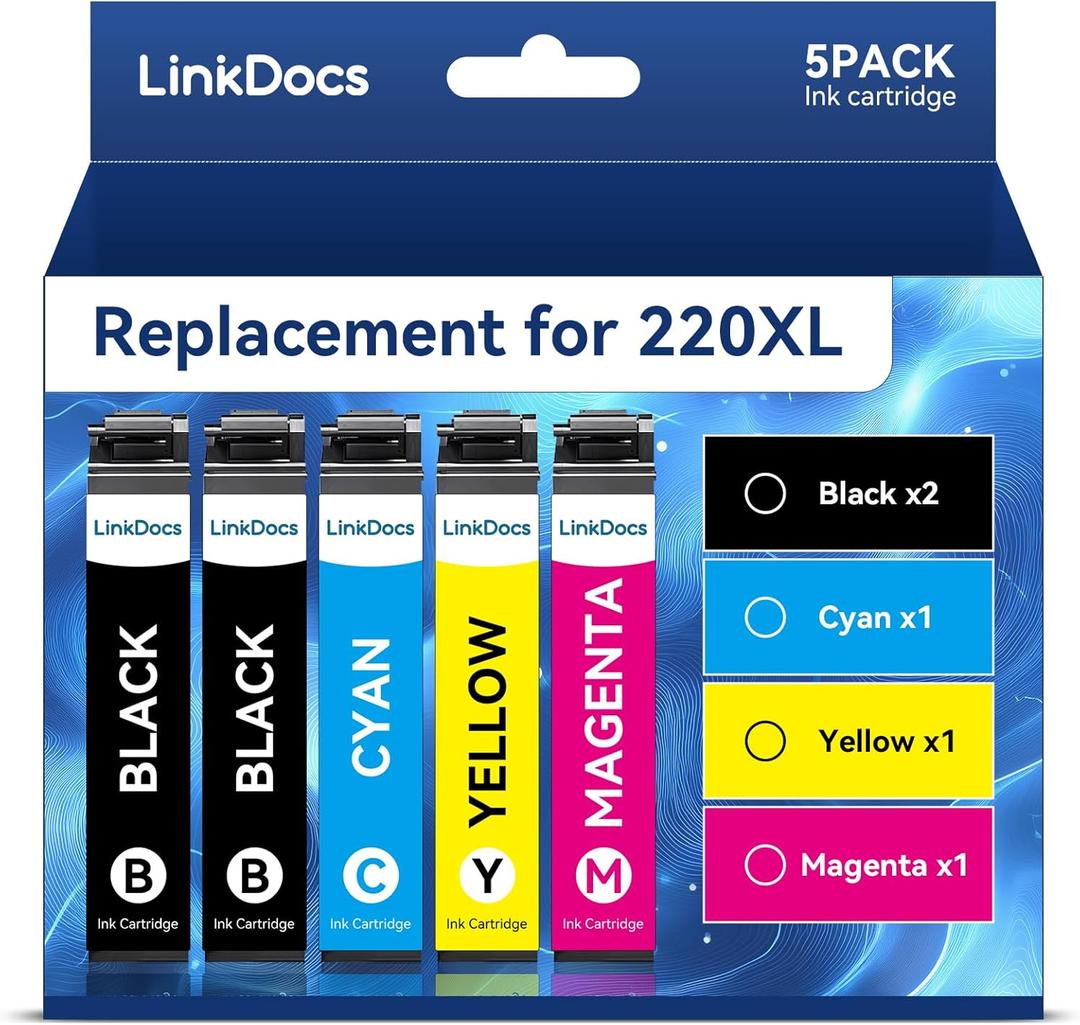 LinkDocs Remanufactured Ink Cartridge Replacement for 220XL T220XL to use with WF-2760 WF-2750 WF-2630 WF-2650 WF-2660 XP-320 (5 Pack, 2 Black, 1 Cyan, 1 Magenta, 1 Yellow)