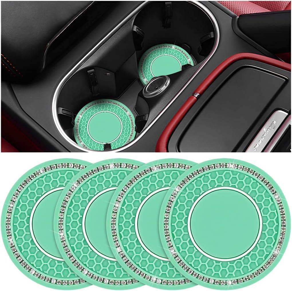 Bling Car Cup Holder Coaster, 2.75 Inch Crystal Rhinestone No Slip Anti Dust Vehicle Water Bottle Mat, Waterproof Auto Interior Drinking Pad, Universal Fit (Light Green/White)