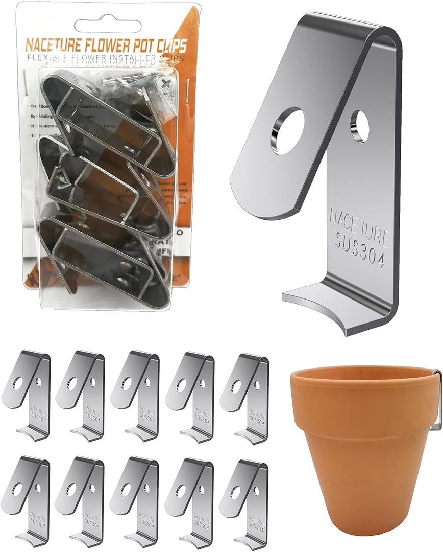 NACETURE 12 Pack Stainless Steel Plant Hangers Flower Pot Clips - Outdoor Wall Hook Metal Plant Stand Holds 5" to 8" Standard Flower Pot