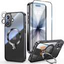 [Tri-Shield Protection] for iPhone 17 Case with 360 Spin Stand Compatible with MagSafe [Magnetic CD Ring] [Screen & Camera Lens Protector] Shockproof Plating Never-Yellowing, Black-6.3"