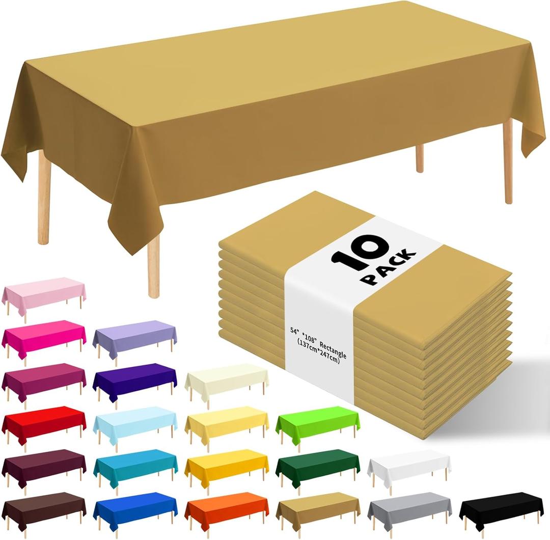 10 Pack Premium Disposable Plastic Tablecloth 54" X 108" Rectangle Table Cover for Birthdays Weddings Christmas Anniversary Buffet Table (Gold)