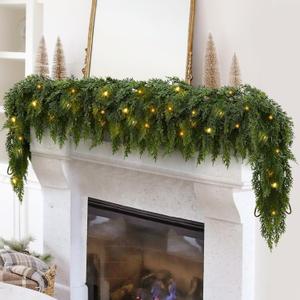 Pre-Lit Thickened Upgraded Realistic Artificial Cedar Garland - Thick Lush Full Faux Greenery Christmas Garland with Lights for Fireplace Mantle, Indoor Outdoor Holiday Home Party Decorations