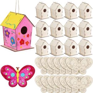 DoubleFill 24 Pack Wooden Bird Houses Bulk, Butterfly Wood Chips for DIY Unfinished Hanging Birdhouse Kits, Wooden Craft Houses to Paint VBS Craft Family Crafts Party Favor
