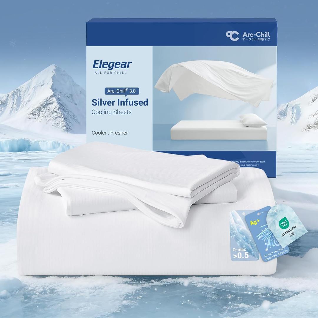 Elegear Silver Infused Cooling Bed Sheets Queen, Arc-Chill 3.0 Cool Tech, Silver-Ion Freshness, Cooling Sheet Set for Hot Sleepers & Night Sweats, Breathable Soft & Dry, Deep Pocket 18", 4PCS