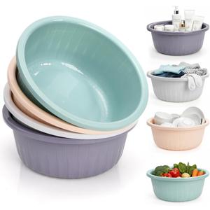 Goaste 4 Pack Round Plastic Wash Basin, 5 Quart Stackable Washing Basin, Portable Vegetable Fruit Dish Tub, Laundry Washtub Space Saving, Colorful Camping Dishpan for Hand Face Cleansing, Home Kitchen