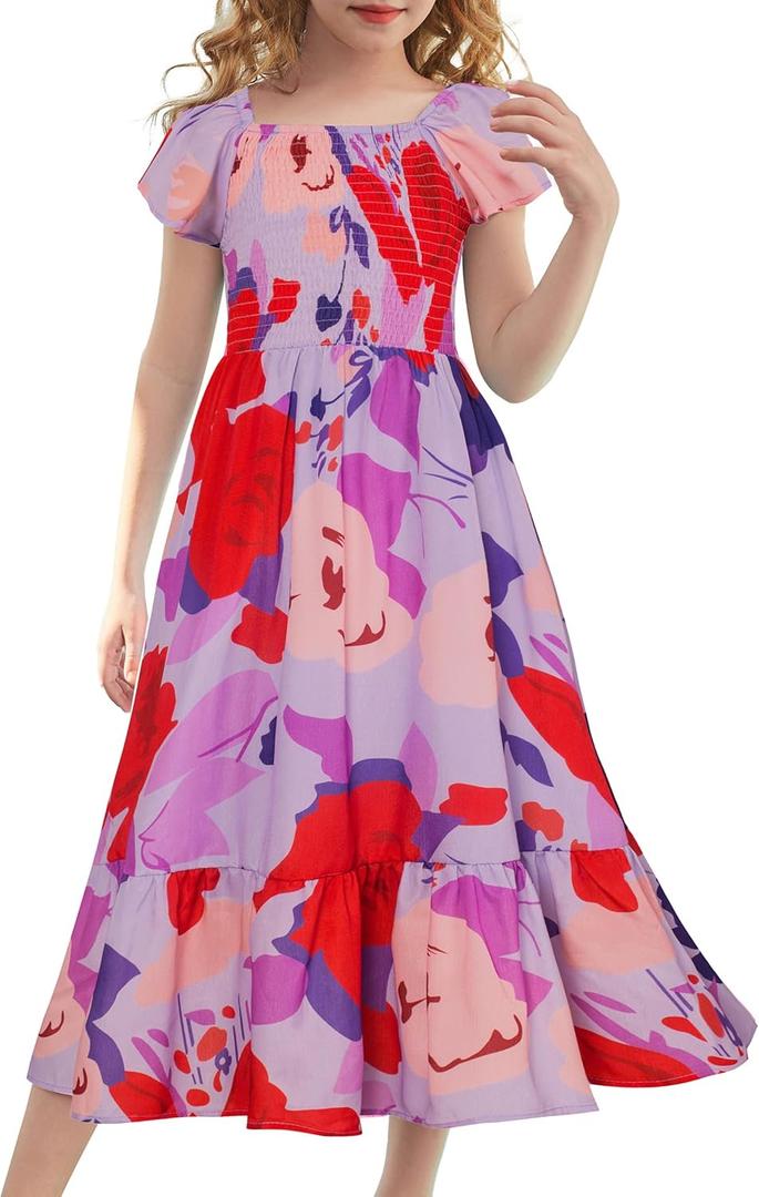 GRACE KARIN Girls Summer Hawaiian Dresses Size 14 Tween Girl Floral Easter Dress Kids Spring Maxi Party Dress,Red Purple