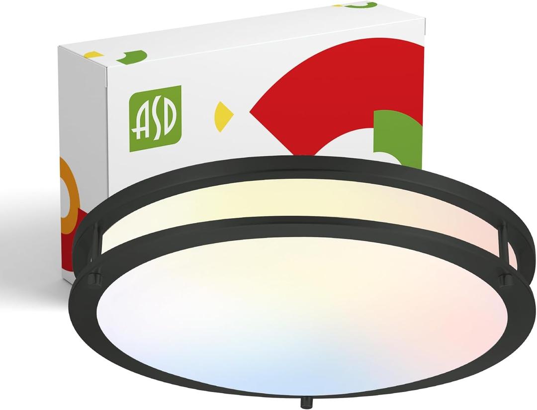ASD LED 16 Inch Round Flush Mount Light Fixture | 24W 1900LM 3000K-5000K 120V | 3CCT, Dimmable, Energy Star, ETL Listed | Close to Ceiling Double Ring Lamp, Low Profile Lighting | Black