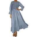 CZLFDFZ Women's 2026 Bohemian Summer Midi Dress Plaid Crew Neck Puff Sleeve Ruffle Flowy Beach Cotton Dresses Blue (S)