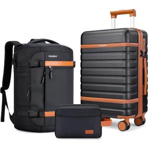 Luggage Sets 3 Piece with Spinner Wheels, Lightweight PC Hardside Suitcase with TSA Lock & YKK Zippers, 20 Inch Carry On Luggage with Travel Bag for Men and Women, Black