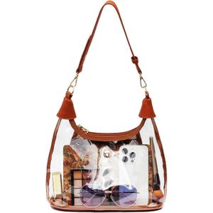 Clear Shoulder Bags for Women, Stadium Approved Cute Hobo Tote Crossbody Handbag Mini Clutch Purse (Brown)