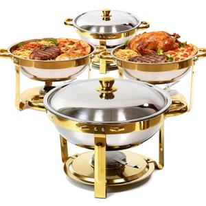 6QT Gold Chafing Dishes for Buffet, 304 Stainless Steel Food Pan with Lid, Round Chafing Dish Buffet Set of 4 Pack Food Warmer, Food Warmers for Parties Buffet Catering Events Dinners