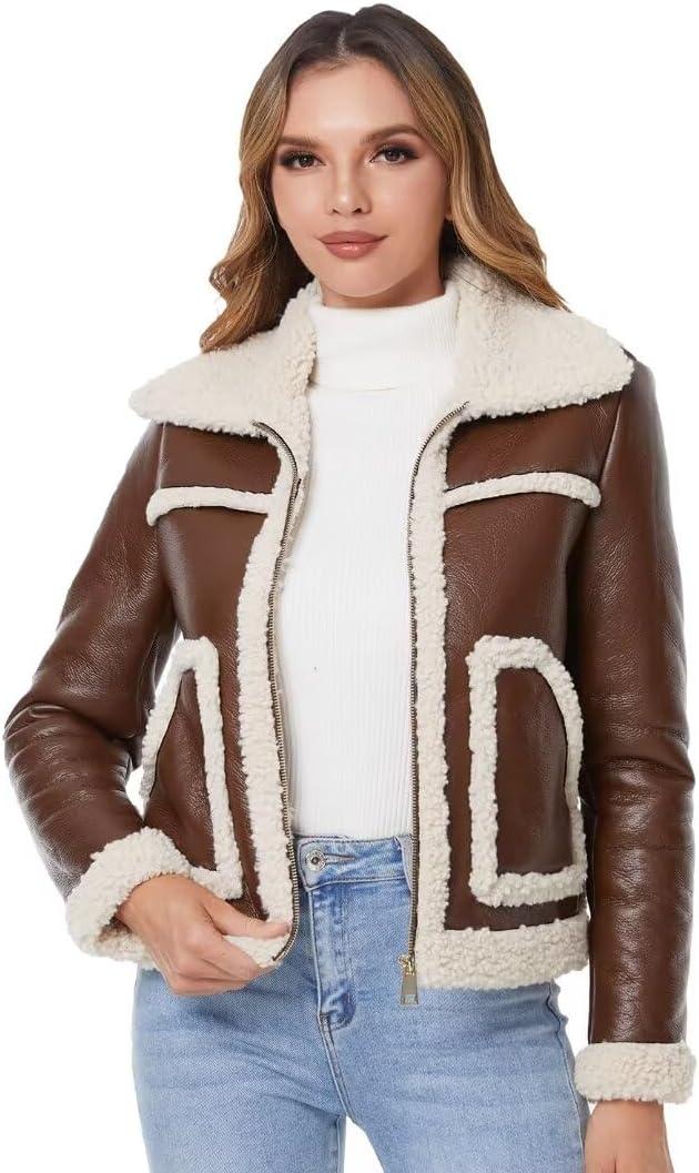 DIASHINY Women's Faux Shearing Fur Winter Coat Warm Thick Fur Lined Faux Leather Jacket (038 Brown)