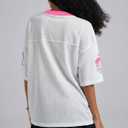 Women's Number Print Mesh Oversized Jersey Shirts Striped Trim Half Sleeve Baggy Camo Graphic Tees (L)