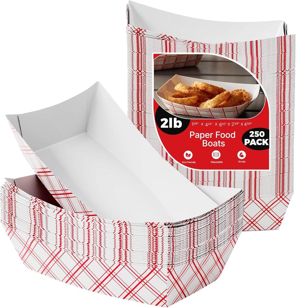 Paper Food Trays Boats | 2 Lb. - 250 Pack | Heavy Duty Grease Resistant Nacho Hot Dog Trays | Disposable Cardboard Paper Food Tray for Serving Food Party, Snack Taco Bowls, Concession Stand Supplies