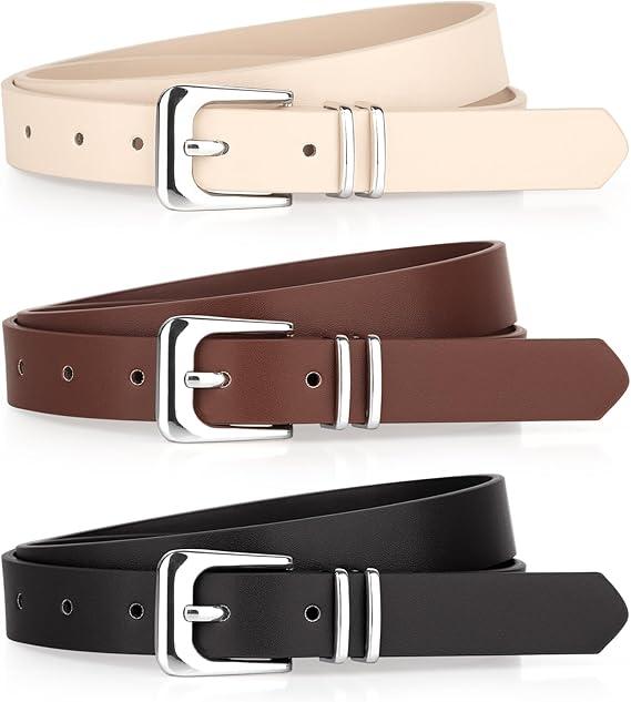 Monoluxe Pack 3 Womens Belts for Jeans Pants, Ladies Girls Leather Belts with Gold Sliver Buckle, Size M for Waist Size 31"-35"