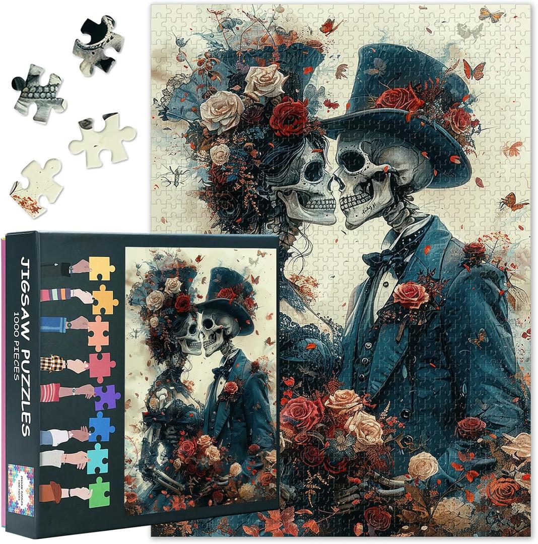 Jigsaw Puzzles 1000 Pieces for Adults, Gothic Romance Jigsaw Puzzles, Two Elegantly Dressed Skeletons Puzzles for Adult 1000 Pieces, Skull Puzzles, Impossible Puzzle for Adults 20X27 INCH