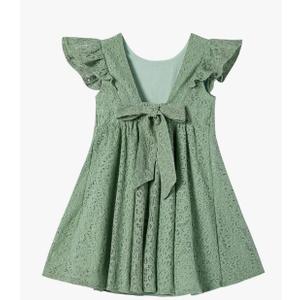 Toddler Girls Lace Dress Baby Kids Tie Back Bow Pom Pom Ruffle Sleeve Backless Party Princess Dresses,100