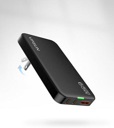 65W GaN USB C Wall Charger Block,3 Port Ultra Thin Flat USB-C Charging Plug,Foldable USB Power Adapter for MacBook,iPhone 15/16,Samsung (Black)