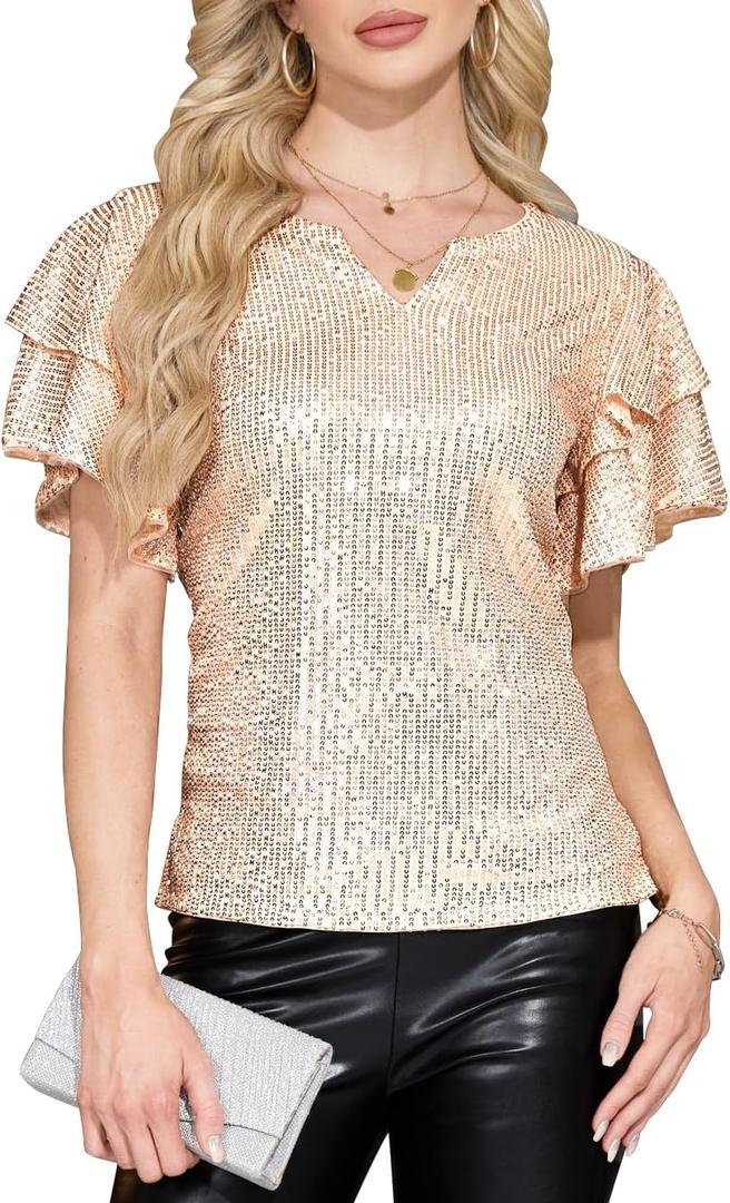 Women Sparkle Sequin Tops Glitter V Neck Elegant Blouse Tiered Ruffles Sleeve Cocktail Soiree Evening Party Disco Club Concert Shirt Champagne XXL (Beige, XXL)