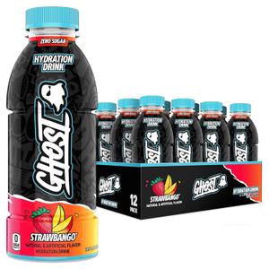 GHOST Hydration Drink, Strawbango - RTD Sports Drink with Electrolytes, Natural Vitamins & Minerals - All Day Lifestyle Hydration Beverage - Zero Caffeine & Zero Sugars - 16.9 Fl Oz, 12 Pack (EXP 08/31/26)