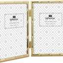 4x6'' Bamboo Detail Double Photo Frames, Gold Metal Picture 6x4'' Double, Elegant Gold Thin Edge Photo Frames 4 x 6'' With Soft Touch Velvet Backing and Real Glass for Desktop