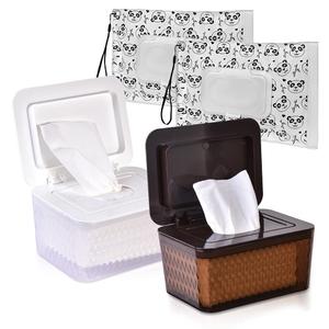 Wipes Dispenser & Wipes Pouch/Tissue Bag, Wipes/Tissue Case with Moisture Seal Secure Lid, Non-Slip Rubber Feet & Sealing Design Keeps Wipes Fresh, Dustproof Wipes Container(WH,BN+2Panda)