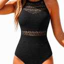 Holipick Crochet Tummy Control One Piece Swimsuit High Neck (Black, M)