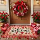Tinideya 2 Pcs Valentine Door Mat Red Pink Welcome Floor Mat Outdoor Linen Love Heart Rubber Checkered Stripe Doormat Non Slip Entrance Door Rugs for Indoor Outdoor Home Bathroom Decor
