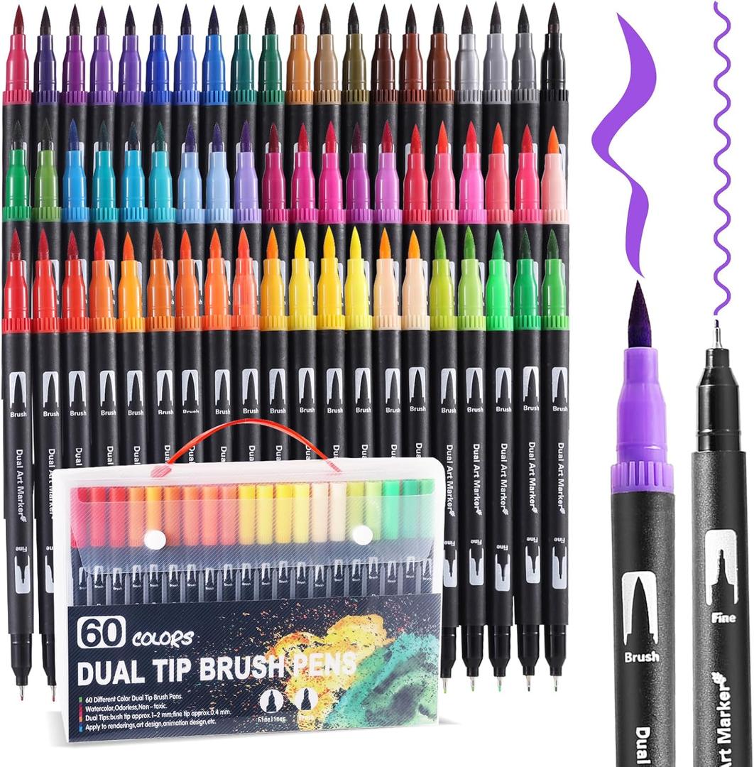 60 Colors Dual Tip Watercolor Markers Pens for School Supplies-Brush & Fine